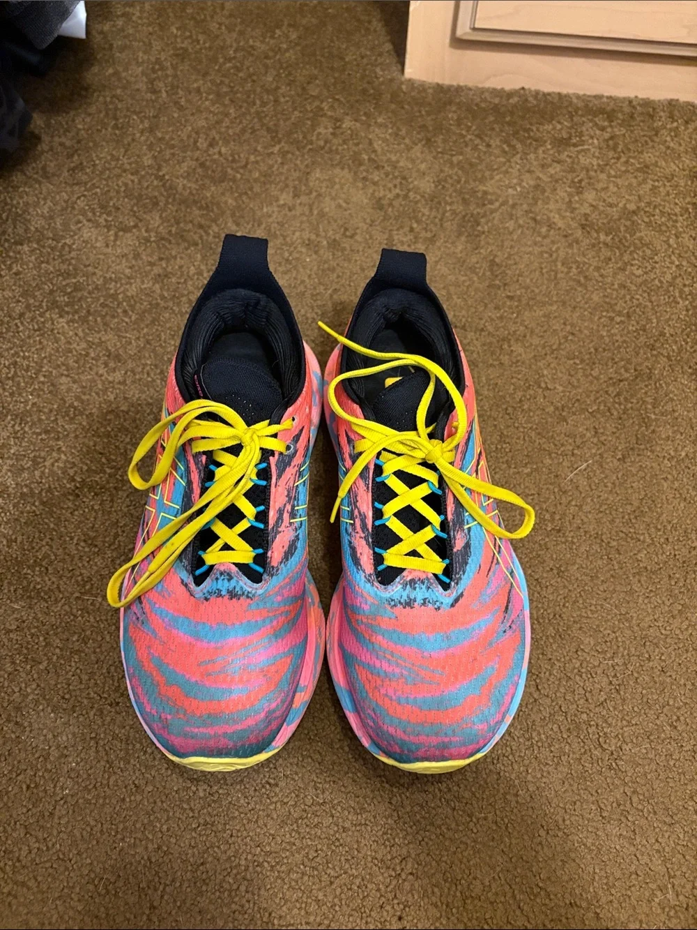 Asics Neon Pink and Blue Patterned Running Shoes with Yellow Laces - Picture 2 of 6